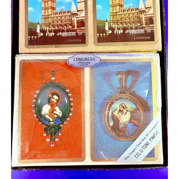 RARE VTG Congress Playing Cards Cel-U-Tone Triple Deck Canasta London Roses - Picture 2 of 12